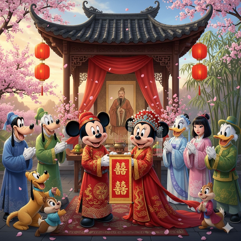 Mickey and Minnie Mouse in red Chinese wedding robes at traditional ceremony with Disney characters and cherry blossoms