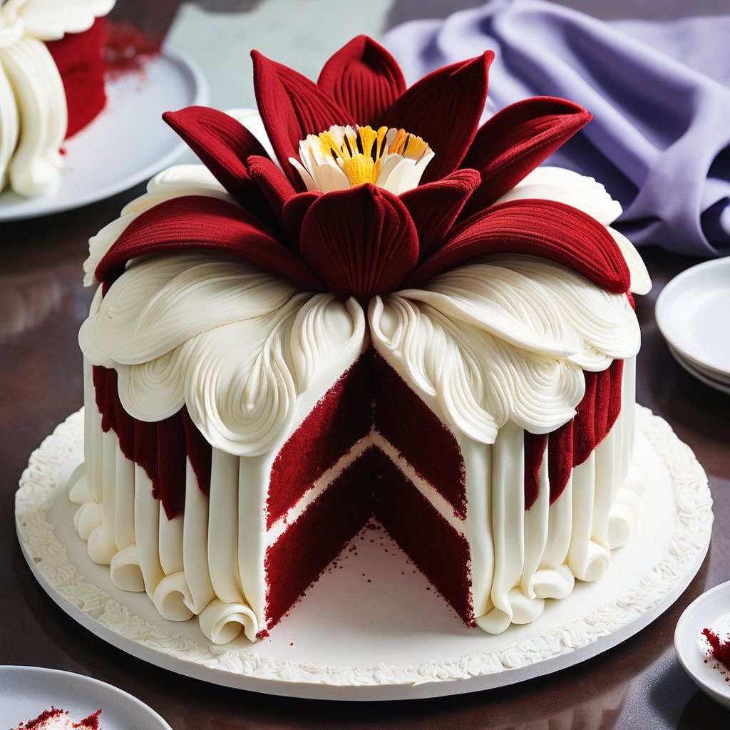 Red and white lotus-shaped layer cake with piped frosting and a slice cut out