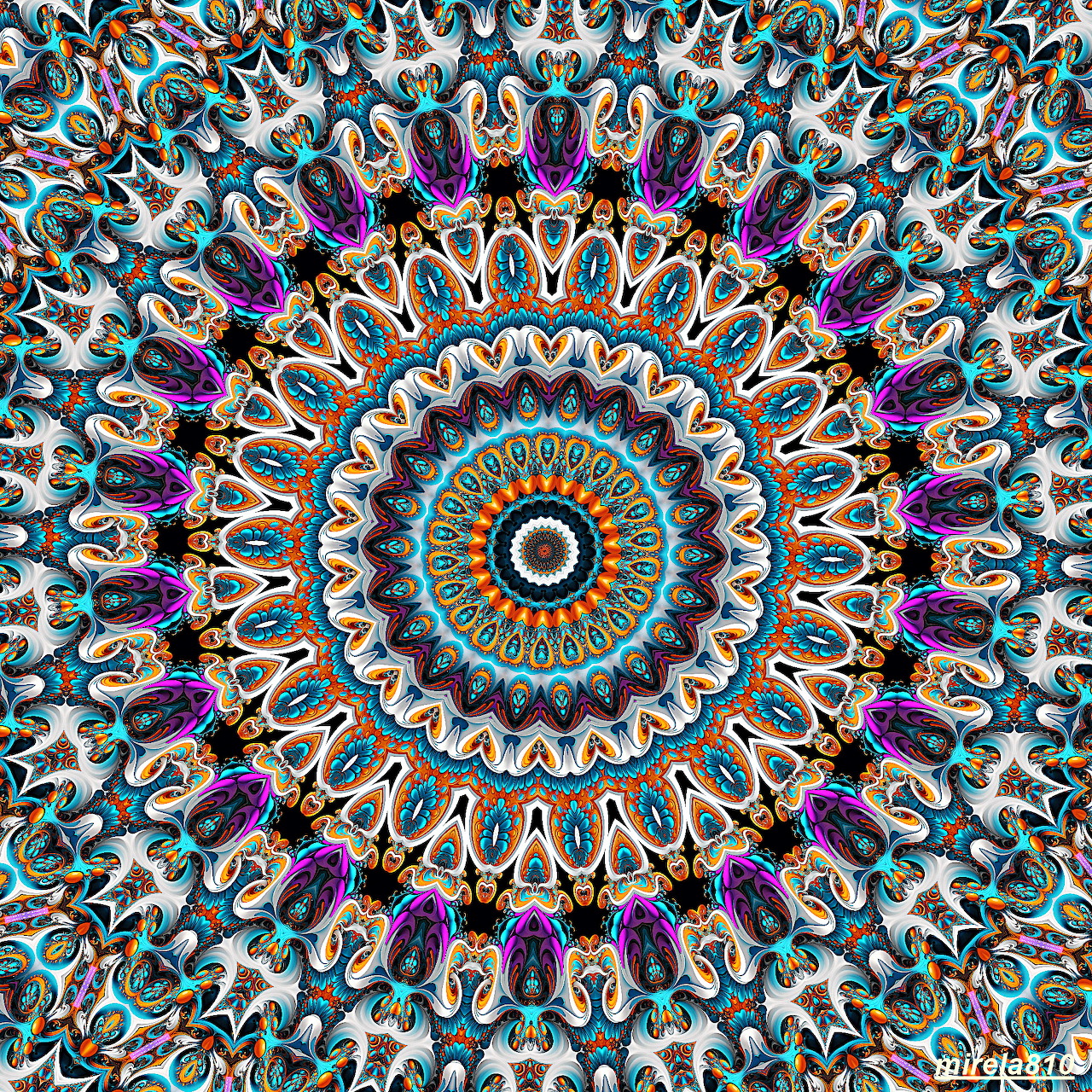 Detailed symmetrical mandala with turquoise, purple, and orange ornamental patterns in concentric circles