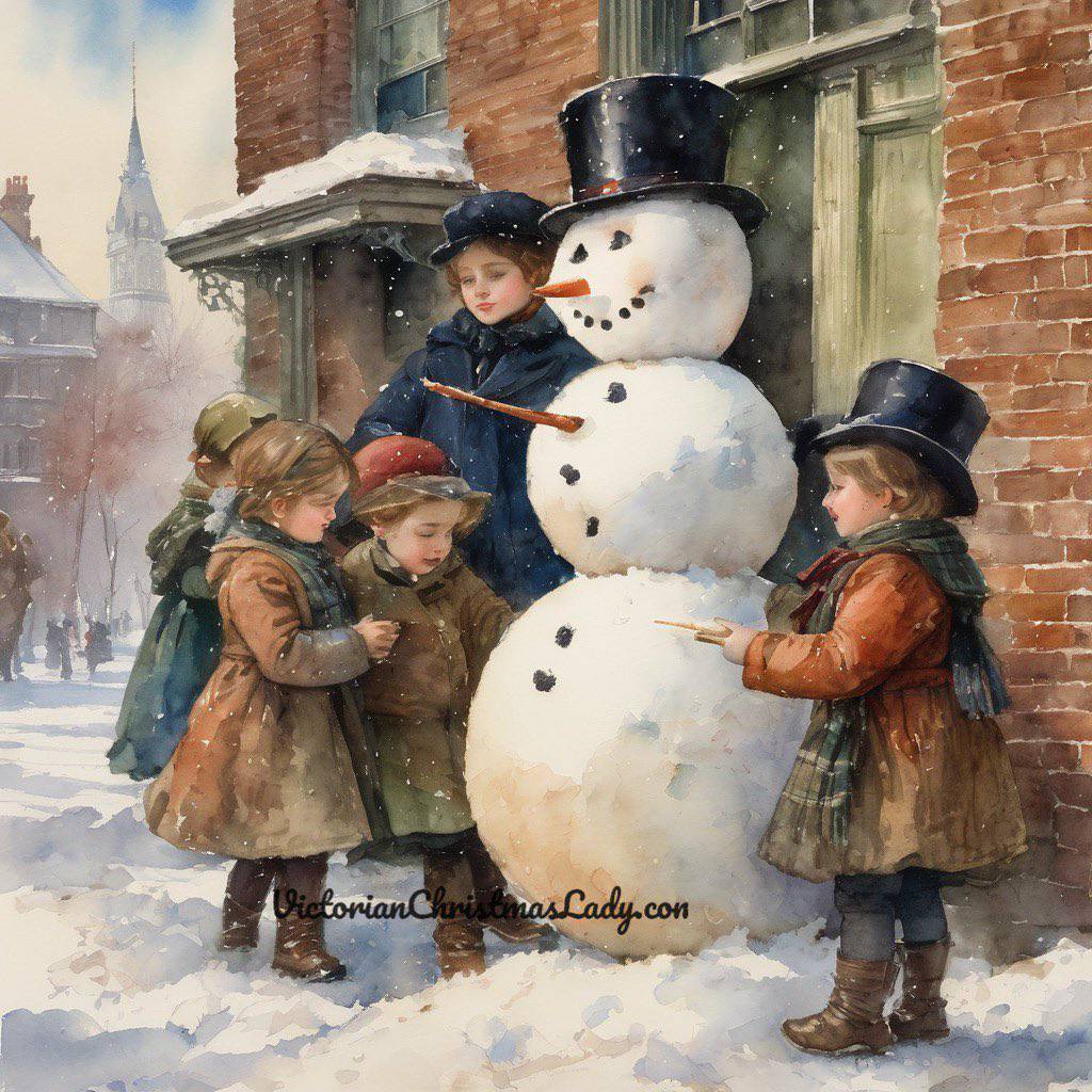 Four children in Victorian clothing building a snowman with top hat in snowy street