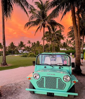 Turquoise Moke car parked among palm trees under a colorful tropical sunset sky