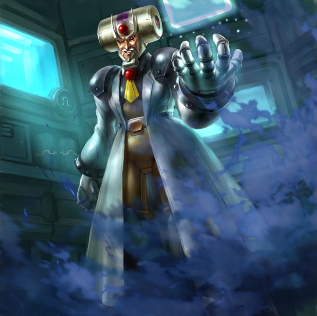 Illustrated mad scientist in a lab coat reaching forward through blue smoke indoors