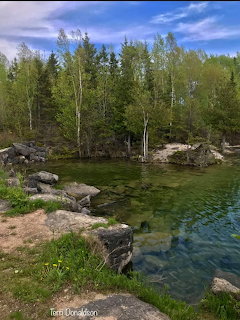 Rocky lakeshore with clear water and green trees under a blue sky
