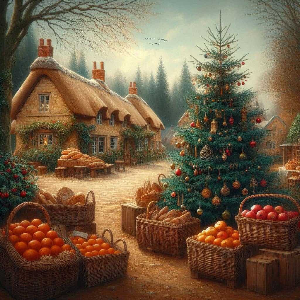 Thatched cottage with Christmas tree and fruit baskets in snowy winter setting