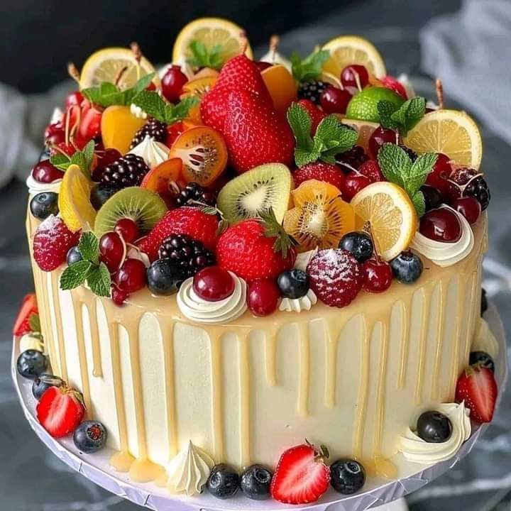 White chocolate cake decorated with colorful fresh berries and fruit, with caramel drip glaze
