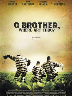 O Brother Where Art Thou movie poster with three prisoners in striped uniforms running through a field