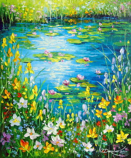 Impressionist painting of pond with water lilies and colorful flowers on the bank