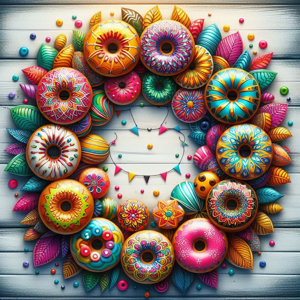 Circular wreath arrangement of colorful decorated donuts with sprinkles on white wood background