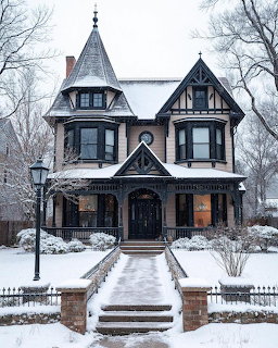 Black Victorian house with turret and decorative trim in snowy winter setting