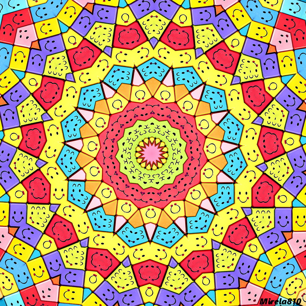 Colorful geometric mandala with polka dot patterns radiating from center in red, yellow, blue, and purple