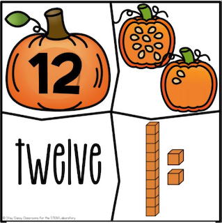 Number 12 shown with three orange pumpkins, the word twelve, and counting blocks in a four-panel educational layout