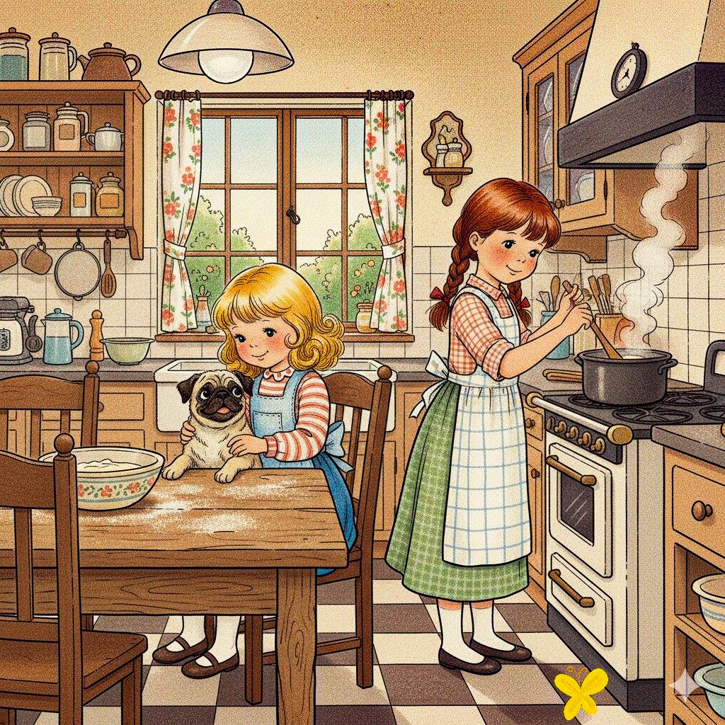 Illustration of two girls cooking in a cozy kitchen with a small dog on the table