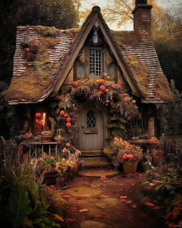Fairy tale cottage with peaked roof, stone pathway, autumn flowers and pumpkins decorating the entrance