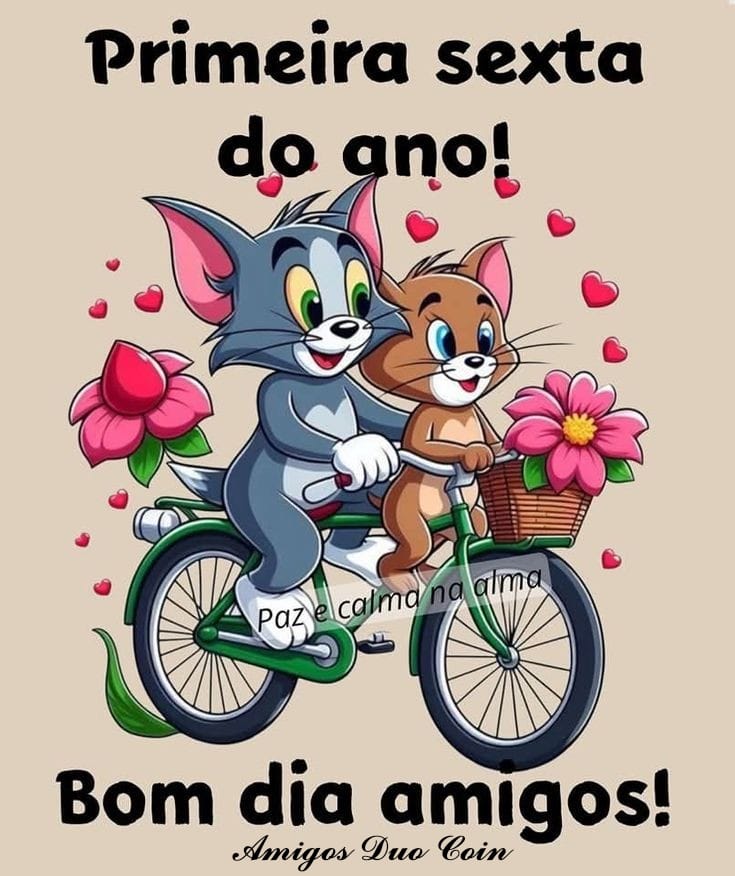 Tom and Jerry cartoon characters riding a bicycle together with hearts and flowers