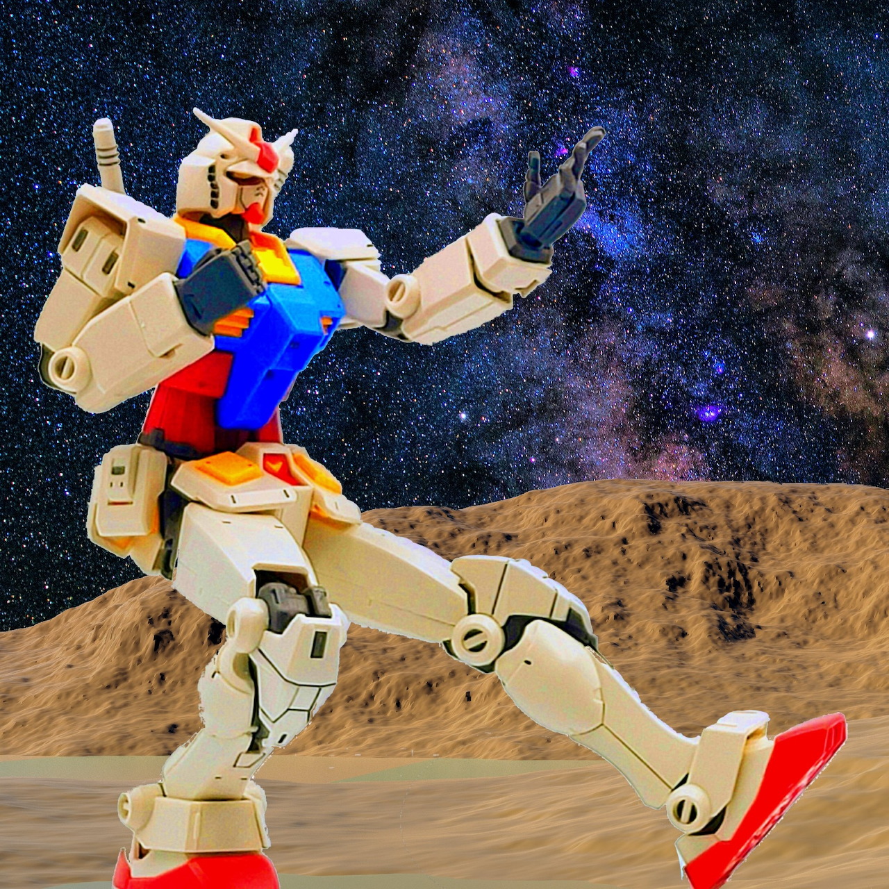 White robot toy model posing on a rocky surface under a starry galaxy sky