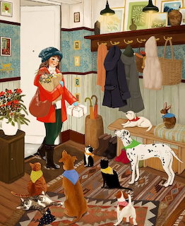 Illustration of woman and children in cottage entryway with dogs, coats hanging, warm interior setting