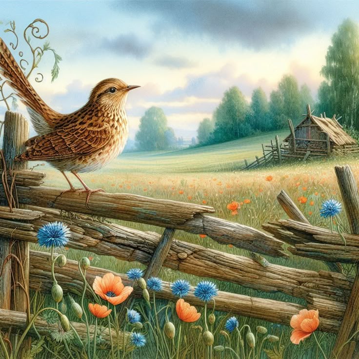 Illustrated bird on a wooden fence in a flowered countryside meadow near a small cottage