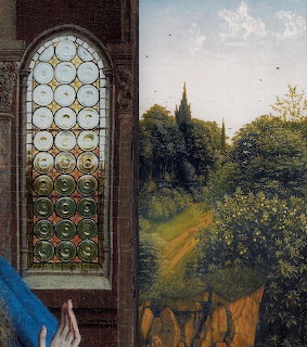 Painting of a stained glass window next to a green garden path and trees