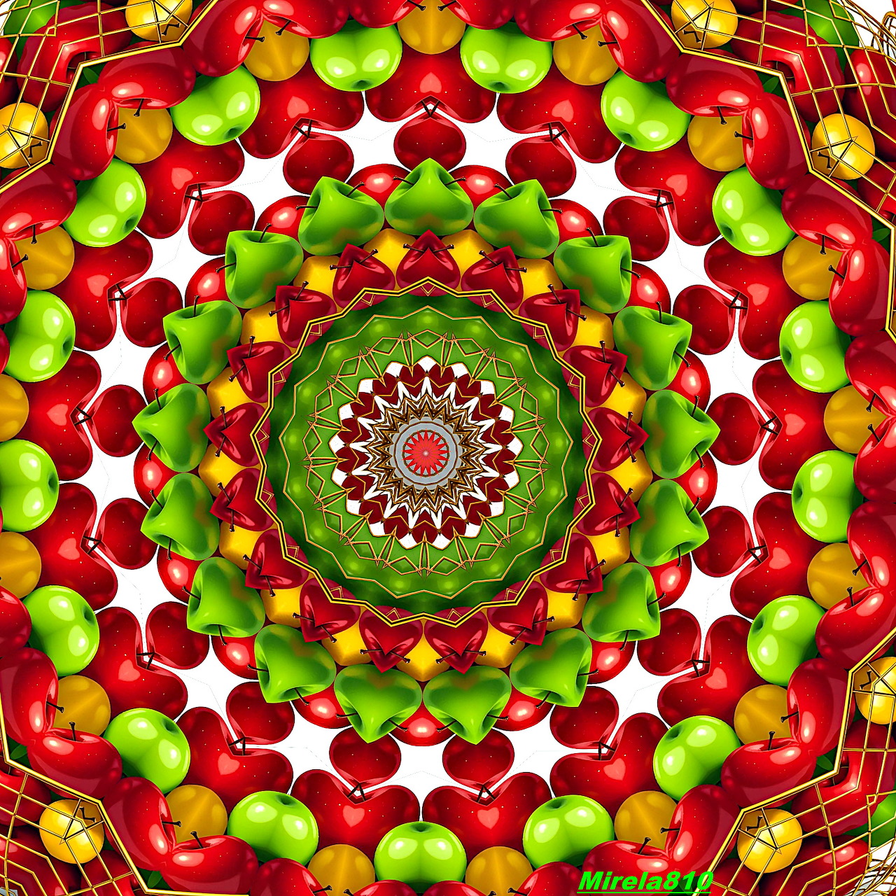 Colorful mandala made of red apples and green pears arranged in symmetrical circular pattern