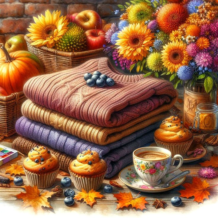 Autumn still life with folded sweaters, pumpkins, flowers, muffins, blueberries, and a teacup