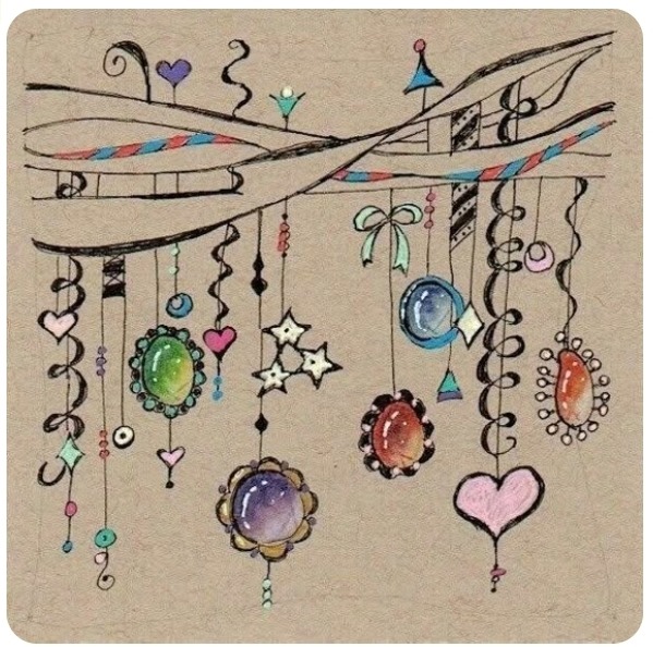 Abstract drawing of dangling hearts, stars, spirals, and colorful ornaments on a beige background