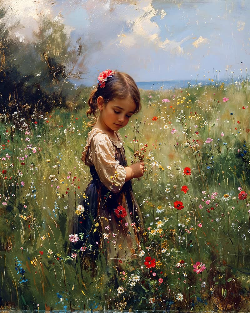 Painting of a young girl in a wildflower meadow looking down at flowers