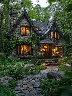 Stone cottage with warm lit windows surrounded by green forest and stone path