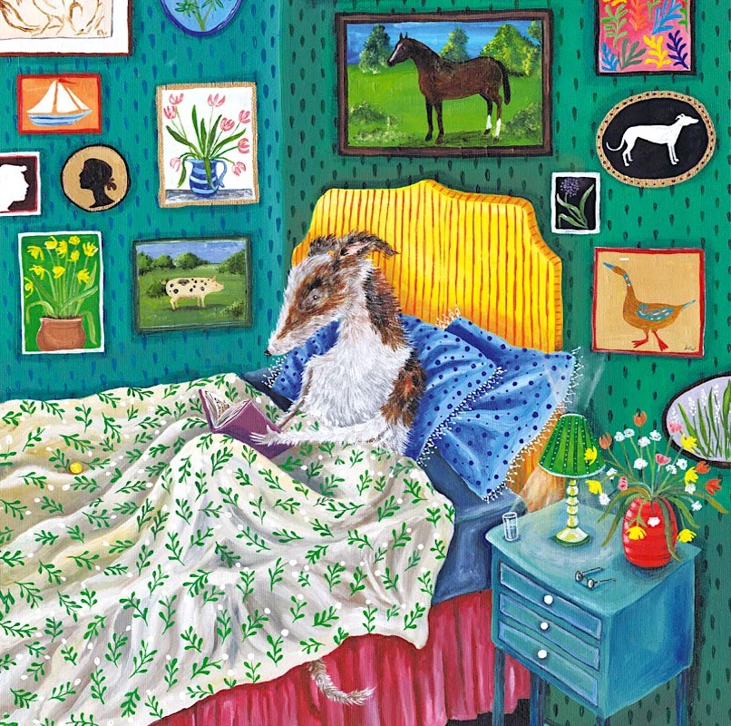 Brown dog relaxing on colorful bed in bedroom with teal walls and animal artwork