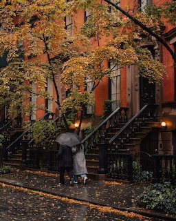 Person with umbrella walking past brownstone buildings on a rainy autumn street with golden leaves