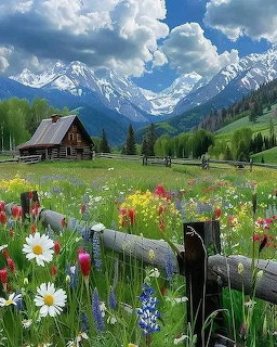 Wooden cottage in wildflower meadow with snow-capped mountains behind