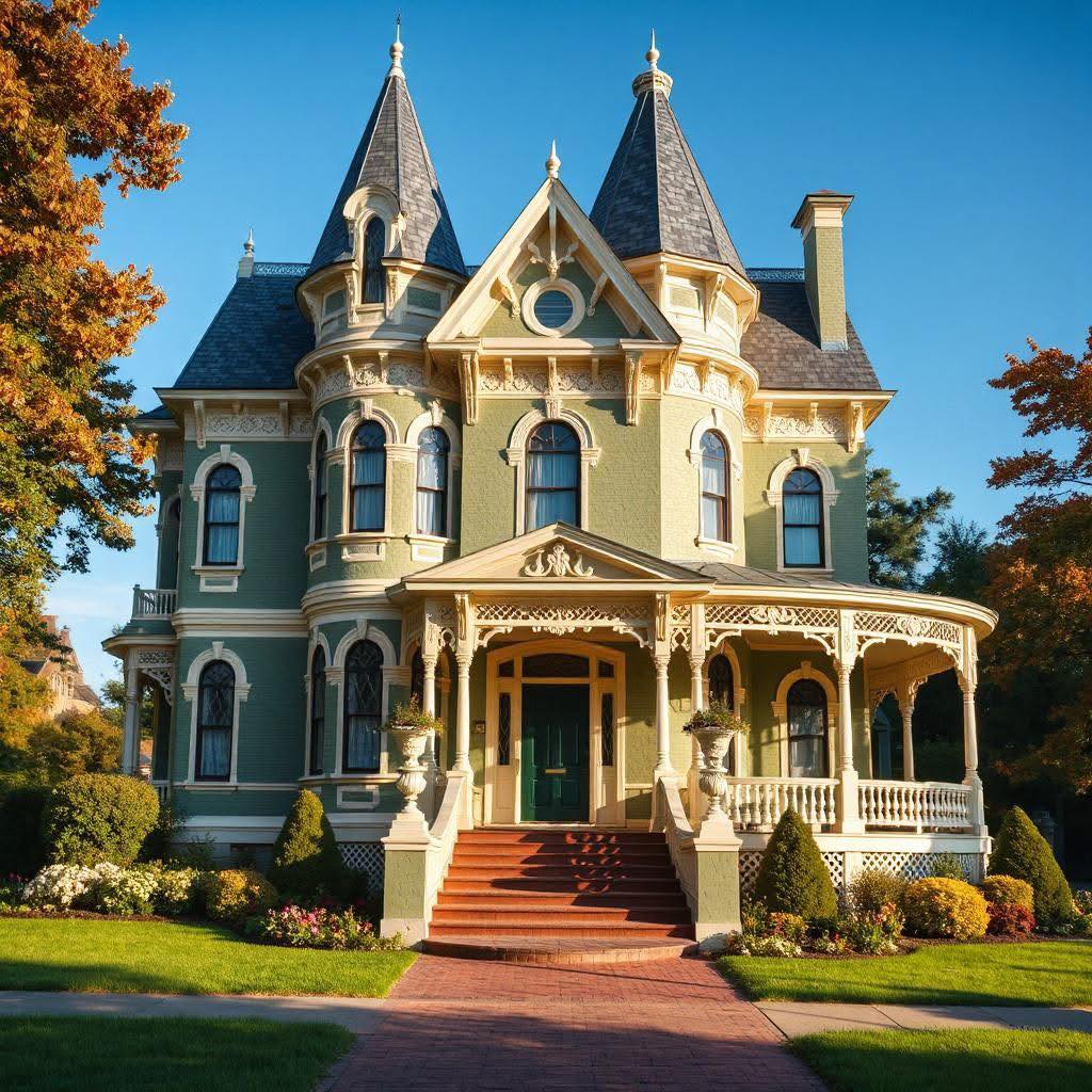 Grand Victorian mansion with twin conical turrets, ornate trim, and front porch surrounded by autumn foliage