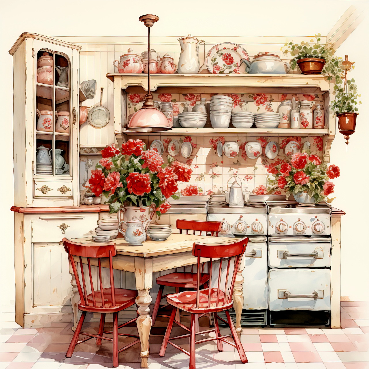 Cozy country kitchen with white cabinets, vintage stove, wooden table, red chairs, and red flowers