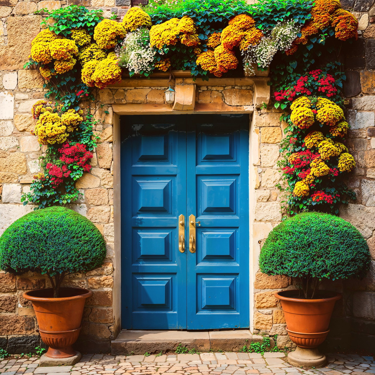 Blue wooden door on stone wall with colorful flowers and potted topiaries