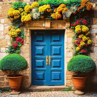 Blue Door Stone Wall Flowers