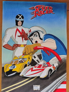 Speed Racer anime art with Racer X, Speed, and the Mach 5 race car racing on track