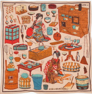 Illustration of a Japanese home interior with two women in kimono and many household objects