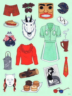 Illustrated Twin Peaks themed icons including white horse, cherry pie, donuts, log, red sweater, and diner uniform