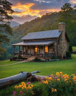 Rustic log cabin in mountain valley at sunset with flowers