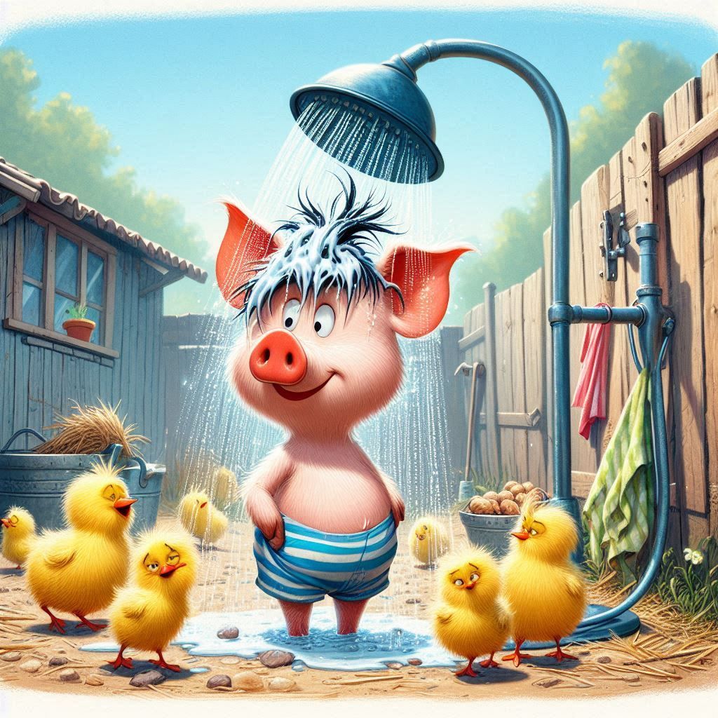 Cartoon pig wearing blue striped swimsuit showering outdoors with yellow ducklings watching