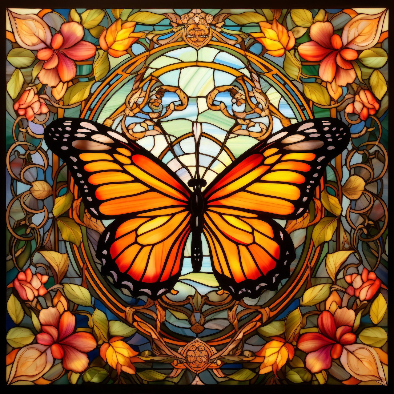 Stained glass monarch butterfly with orange wings centered in ornate floral frame with fall colors