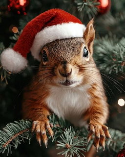 Squirrel wearing a red Santa hat sitting in a Christmas tree with ornaments and lights