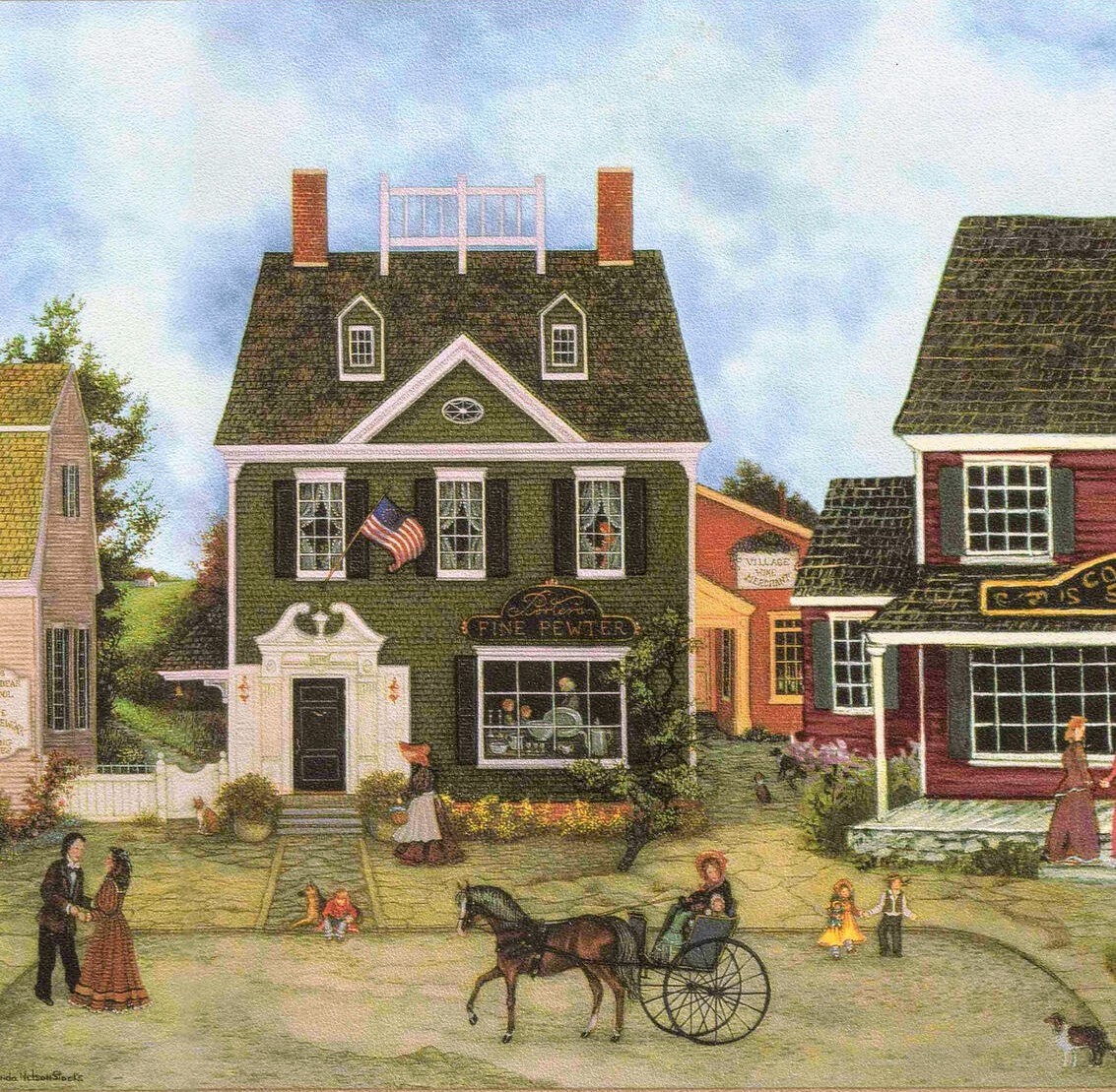 Colonial American town square with brick buildings, horse carriage, and people in 19th century clothing