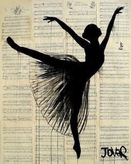 Black silhouette of ballet dancer in arabesque pose on vintage sheet music background
