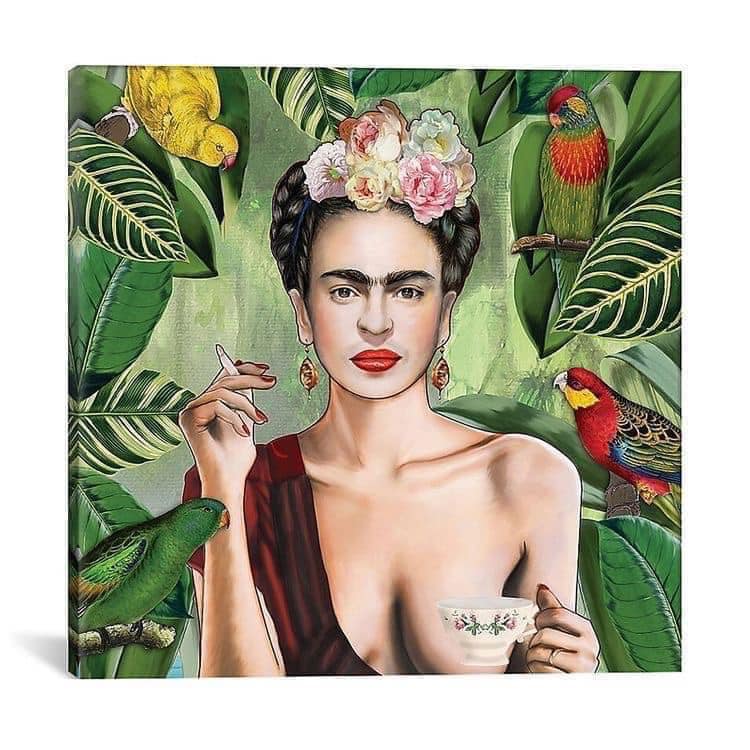 Painting of Frida Kahlo with flower crown surrounded by tropical leaves and colorful parrots