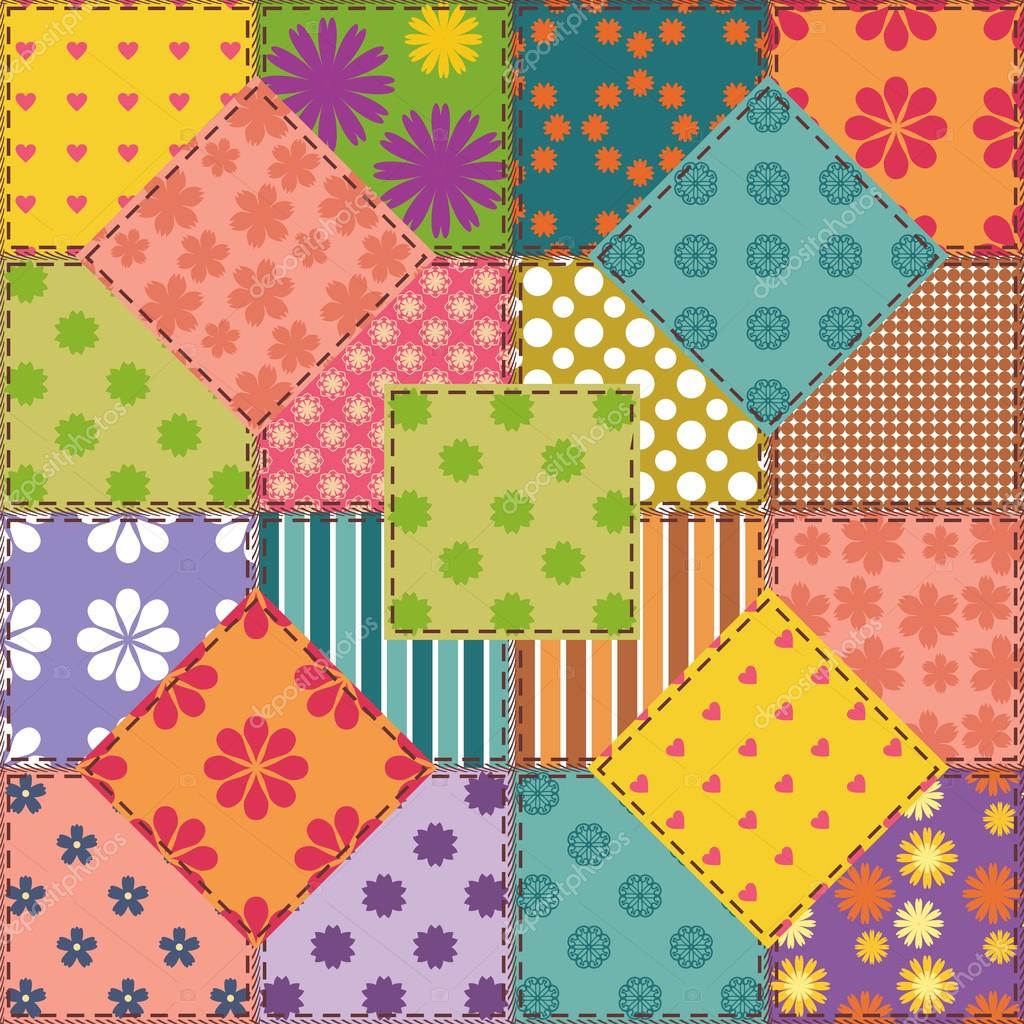 Colorful patchwork quilt with squares of floral, polka dot, striped and geometric fabric patterns