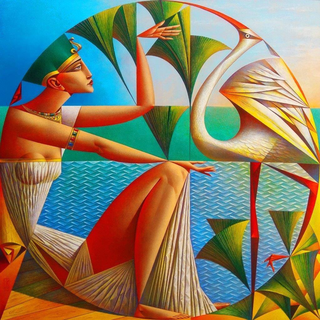 Geometric modernist painting with figure, palm trees, and ocean in vibrant colors