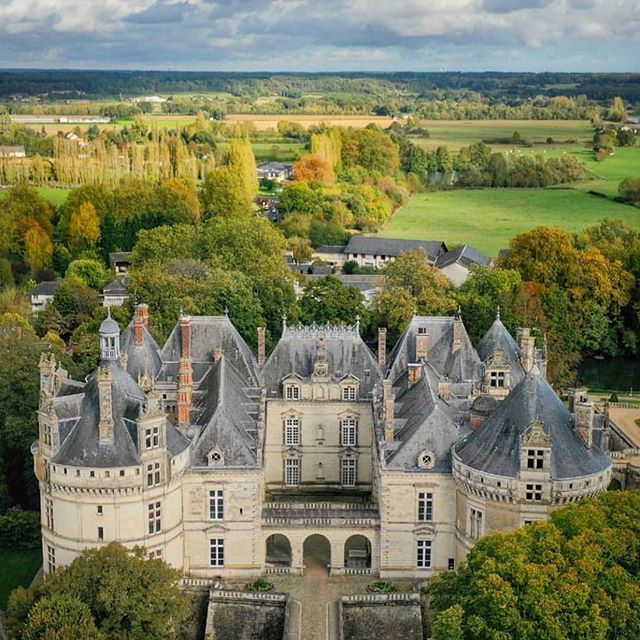 Aerial view of Château du Lude castle with turrets and gardens in Loire Valley, France