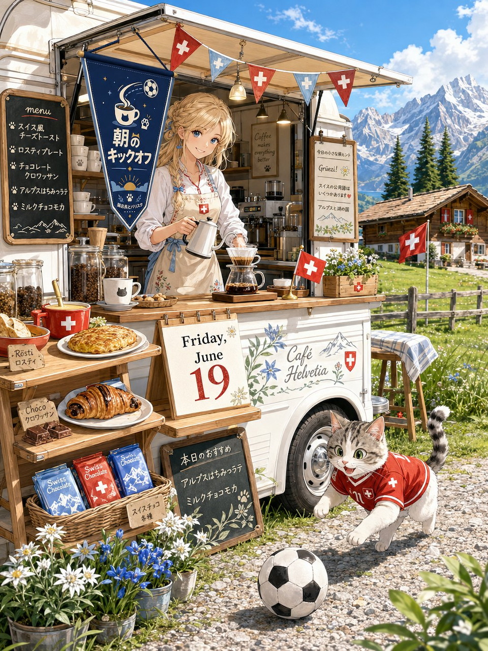Golden retriever at alpine cafe cart with cats, pastries, and mountain backdrop