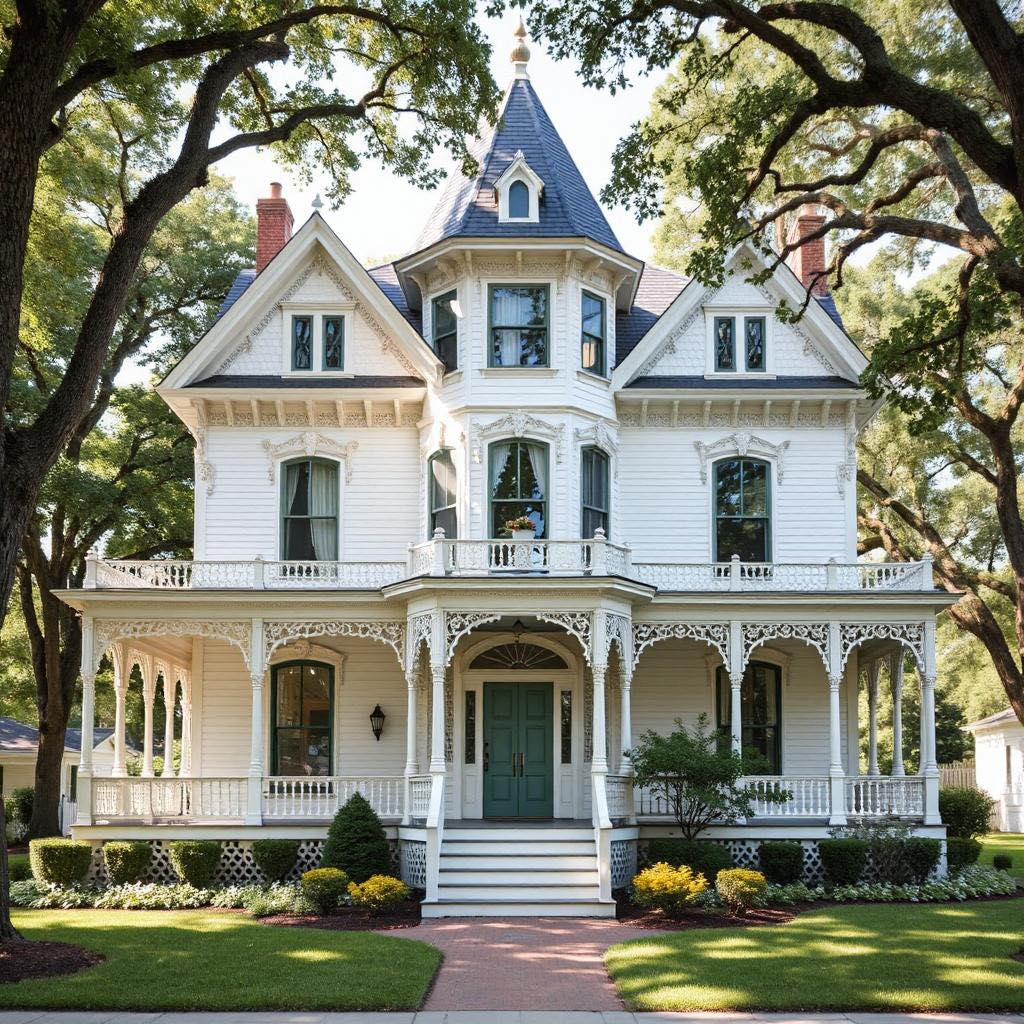 White Victorian mansion with turret, wraparound porch, and ornate architectural details on green lawn