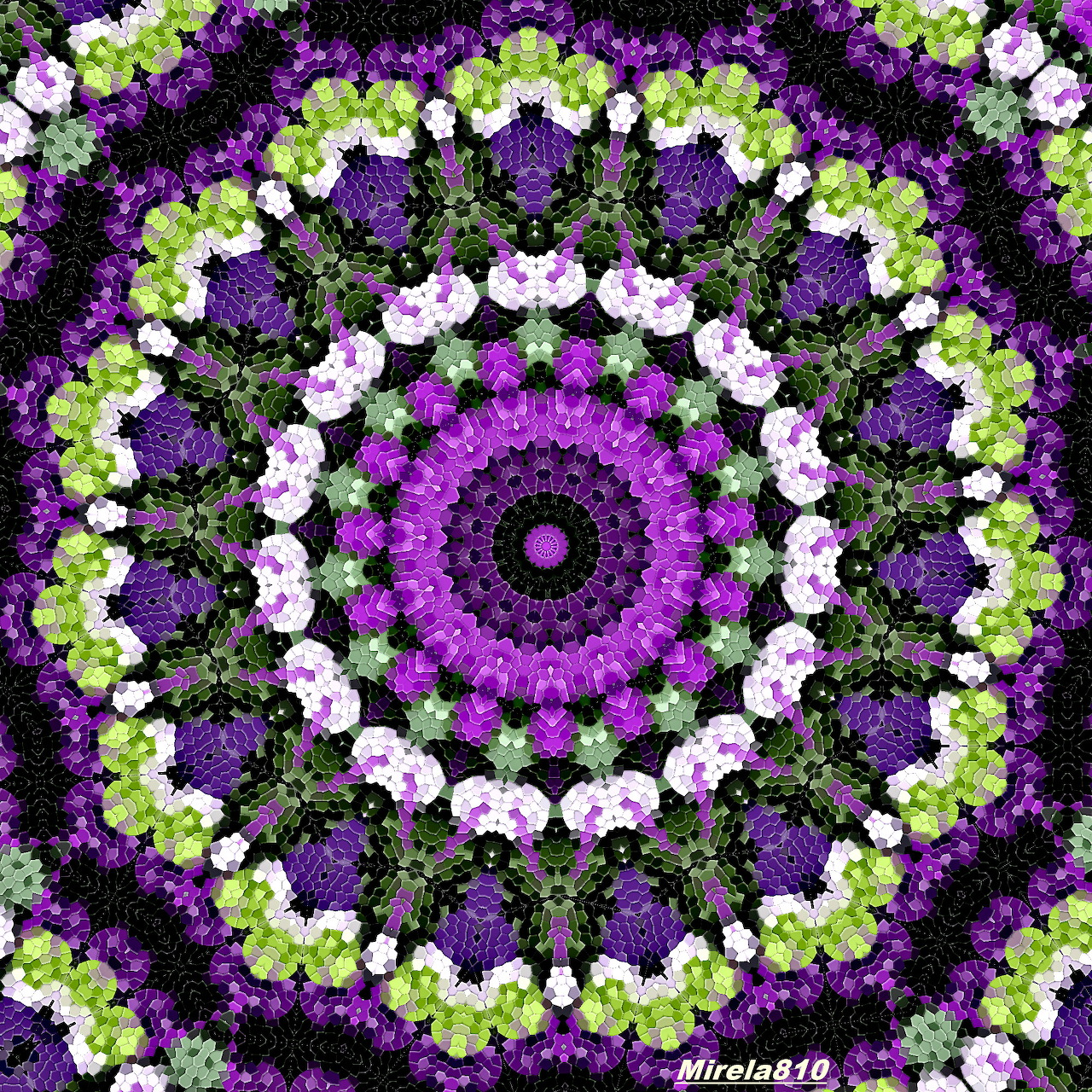 Symmetrical purple and green floral mandala with white flowers in concentric circular pattern